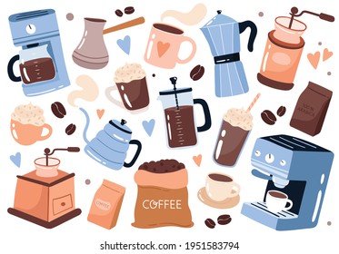 Coffee elements collection. Hand drawn cartoon style vector illustration. Coffee brewing equipment: Coffee machine, french press, grinder, moka. Cups and mugs. Collection for menu, cafe, coffee shop.