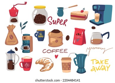 Sammlung von Kaffeeelementen. Handgezeichnete Vektorgrafik im Cartoon-Stil. Kaffeemaschine Kaffeemaschine, französische Presse, Schleifmaschine, Moka. Cups und Becher. Sammlung für Speisen, Café, Café, Café.