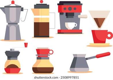 Kaffee Elemente Sammlung. Handgezeichnete Cartoon-Stil Vektorgrafik. Kaffeebrühanlage: Kaffeemaschine, französische Presse, Mühle, Moka. Tassen und Becher. Sammlung für Menü, Café, Café.