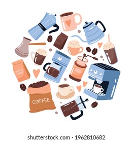 Coffee elements collection in round shape. Hand drawn cartoon style vector illustration. Coffee brewing equipment: Coffee machine, french press, grinder, moka, cup, glass. For menu, cafe, coffee shop