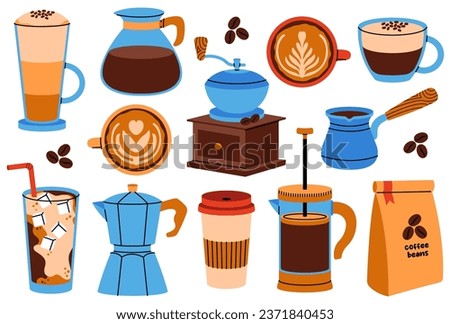 Coffee elements collection. Coffee supplies - french press, coffee maker, grinder, moka pot, cup, packaging, turkish etc. Flat vector illustration.
