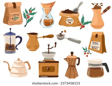 Sammlung von Kaffeeelementen. Symbole für die Kaffeelieferung. Maker, französische Presse, Topf, Kaffeemaschine, Schleifmaschine, Getreide. Flache grafische Vektorgrafik einzeln auf weißem Hintergrund