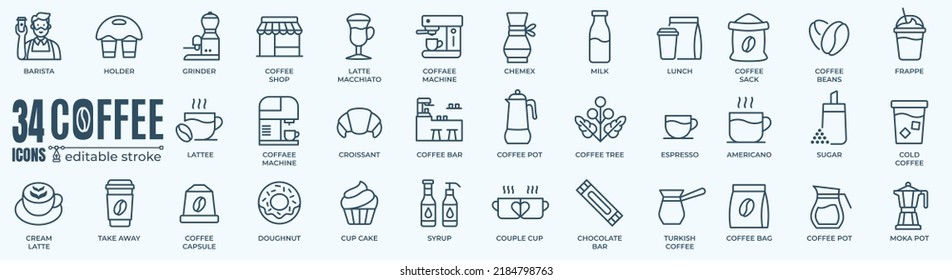 Coffee elements editable stroke pictogram and minimal thin line web icon set. Outline icons collection. Simple vector illustration