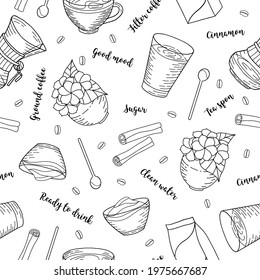 Coffee elements with filter coffee. Outline hand drawn seamless pattern. Stock vector illustration.