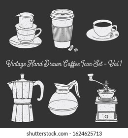 Coffee elements hand drawn. Icons, logo, sillhouette, flat design, vintage with noise effect.