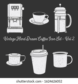 
Coffee elements hand drawn. Icons, logo, sillhouette, flat design, vintage with noise effect. Vol. 2