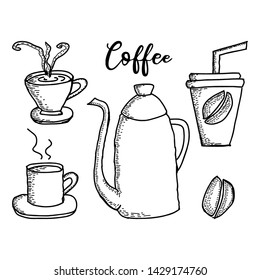 Coffee elements hand drawn sketch drawing vintage style black and white