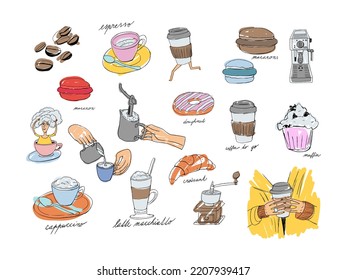 Coffee elements. Hand drawn vector illustration. Cafe products illustration.