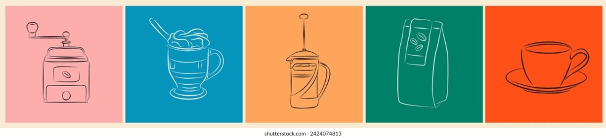 Coffee elements line art style vector illustration