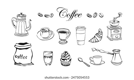 Coffee elements line art style vector illustrations. Black line sketch isolated on white background. Coffee cup, cappuccino, coffee pot, bag, beans ink style drawing set. Hand made, not AI generated