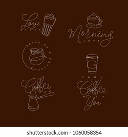 Coffee elements lines with lettering in pen hand drawing style on brown background