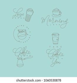 Coffee elements lines with lettering in pen hand drawing style on turquoise background