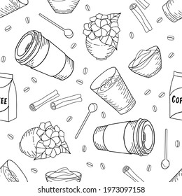 Coffee elements. Outline hand drawn seamless pattern. Stock vector illustration.