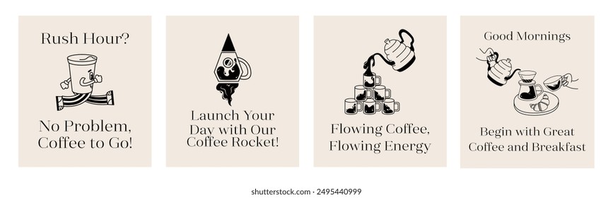 Coffee elements, posters, accessories set. Barista, takeaway paper cups, mugs, kettles, brewing, filter coffee, v60, glasses, beans, bags and desserts. Flat vector illustration isolated on background