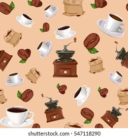 Coffee elements seamless pattern. Coffee grinder, cup, americano, espresso, bag of coffee beans