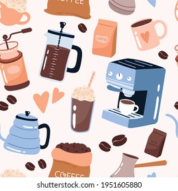 Coffee elements seamless pattern. Hand drawn cartoon style vector illustration. Coffee brewing equipment: Coffee machine, french press, grinder. Cups and mugs. Background for coffee shop menu, textile