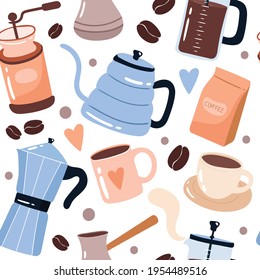 Coffee elements seamless pattern. Hand drawn cartoon style vector illustration. Coffee brewing equipment: Coffee pot, french press, grinder. Cups and mugs. Background for coffee shop menu, textile
