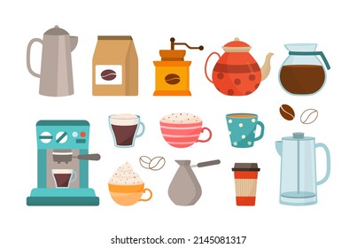 Coffee elements set. Collection of mugs with hot drinks. Refreshing tea in morning, social media stickers. Dishes for coffee shop. Cartoon flat vector illustrations isolated on white background