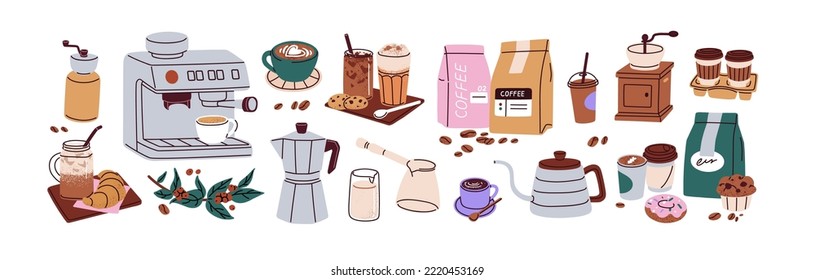 Coffee elements set. Machine, brewing tools, accessories, paper cups, glasses, beans, bags and bakery. Coffeehouse stuff, grinder, cezve, kettle. Flat vector illustrations isolated on white background