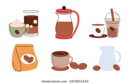 Coffee elements set. Machine, brewing tools, accessories, paper cups, glasses, beans, bags and baker