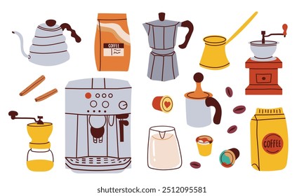 Coffee elements set. Machine, brewing tools, accessories ,beans and bags. Coffeehouse stuff, grinder and kettle. Flat vector illustrations isolated on white background