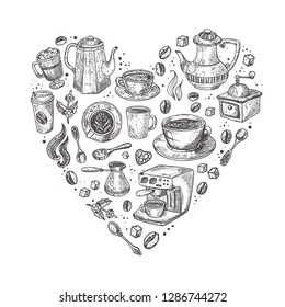 Coffee elements in the shape of a heart. Various elements. Hand drawn vector illustration. Can be used for cafe, farmers market, shop, bar, restaurant, poster, label, sticker, logo, badges