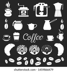 Coffee elements: silhouettes of beans, cups, coffee machine, grinder, pots and kettle, donuts and croissant for shop, cafe or menu background. 