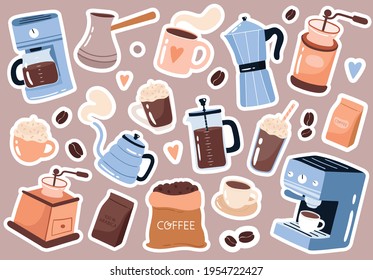 Coffee elements sticker collection. Hand drawn cartoon style vector illustration. Coffee brewing equipment: Coffee machine, french press, grinder, moka. Cups and mugs. 
