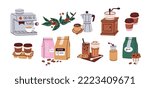 Coffee elements, tools, accessories set. Brewing machine, grinder, takeaway paper cups, mugs, glasses, beans, berries, bags and desserts. Flat vector illustrations isolated on white background