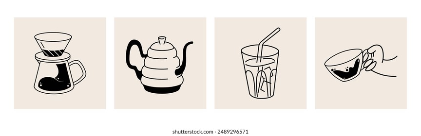 Coffee elements, tools, accessories set. Barista, takeaway paper cups, mugs, kettles, brewing, filter coffee, v60, glasses, beans, bags and desserts. Flat vector illustration isolated on background