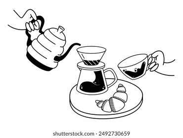 Coffee elements, tools, accessories set. Barista, takeaway paper cups, mugs, kettles, brewing, filter coffee, v60, glasses, beans, bags and desserts. Flat vector illustration isolated on background