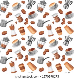 Coffee elements vector seamless pattern, cartoon style design.