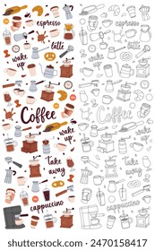 Coffee elements in vertical banner. Beans, drinks, cups, pot, package, grinder, filter, machine, portafilter, kettle. Vector illustration.
