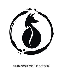 Coffee emblem. Kopi luwak. Wild animal as coffee bean silhouette. Black fox/ palm cat/musteline in the frame. Imprint. Art spot. Concept for logo. Coffee bean symbol. Organic food sign. Vector ill.