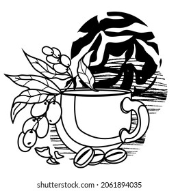 Coffee emblem or logo element design. Monochrome line art image of coffee plant elements with cup, vector illustration isolated on white background.