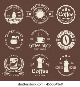 Coffee emblem set in color with coffee house premium quality and perfect flavor descriptions vector illustration