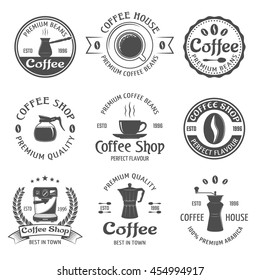 Coffee emblem set with premium beams coffee house and coffee shop descriptions vector illustration