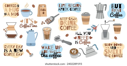 Emblemas de café. Granos de caricatura, pato y jarabe, texto motivacional, deliciosa bebida caliente en tazas y gafas, capuchino, latte, conjunto vector.eps
