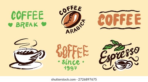 Logotipo y letras de emblemas de café para su marca de café. Espresso y grano de café, sabor a arábica. Una taza con capuchino y hojas. Iconos de grunge dibujados a mano con trazos de pincel en negrita. 