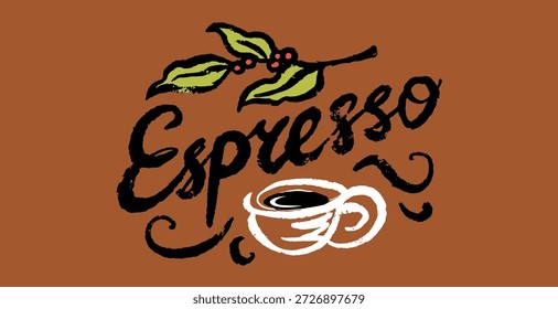 Kaffee Embleme Logo und Schriftzug für Ihre Kaffee Marke. Espresso und Kaffeebohnen, arabischer Geschmack. Eine Tasse mit Cappuccino und Blättern. Handgezeichnete farbige Symbole mit kräftigen Pinselstrichen. 