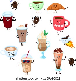 Coffee emoji cartoon characters vector illustration flat style. Funny cup characters with coffee for breakfast drinking in the morning. Isolated Hot cappuccino, latte and espresso with toppings.