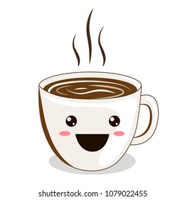 Coffee emoji cup with eyes. Kawaii cup.  Element for menu. Emoji icon. Vector illustaration of hot tea and coffee.