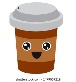 Coffee emoji cup with eyes. Kawaii cup.  Hot chocolate. Element for menu. Emoji icon. Vector illustaration of hot tea and coffee.