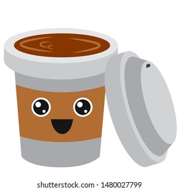 Coffee emoji cup with eyes. Kawaii cup. Hot chocolate. Element for menu. Emoji icon. Vector illustaration of hot tea and coffee.