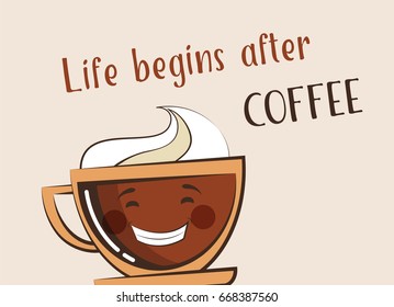 coffee emoji cup with funny quote. vector illustration