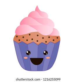 Coffee emoji cupcake with eyes. Element for menu. Emoji icon. Vector illustaration of hot tea and coffee.