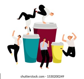 Coffee energy. Active bussinesspeople and take away coffee cup. Happy energetic people vector characters