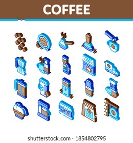 Coffee Energy Drink Icons Set Vector. Isometric Coffee Beans And Package, Grinder And Machine For Make Beverage, Cup And Pot Illustrations