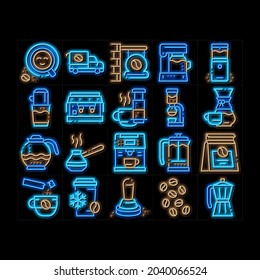 Coffee Energy Drink neon light sign vector. Glowing bright icon  Coffee Beans And Package, Grinder And Machine For Make Beverage, Cup And Pot Illustrations