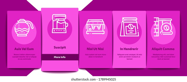 Coffee Energy Drink Onboarding Mobile App Page Screen Vector. Coffee Beans And Package, Grinder And Machine For Make Beverage, Cup And Pot Illustrations